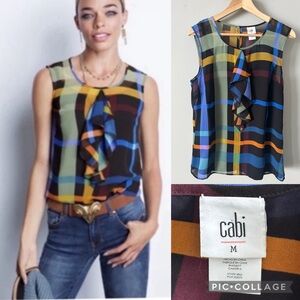 CABI Going Out Top #3865 Multicolor Plaid Sleeveless Blouse Ruffle Medium